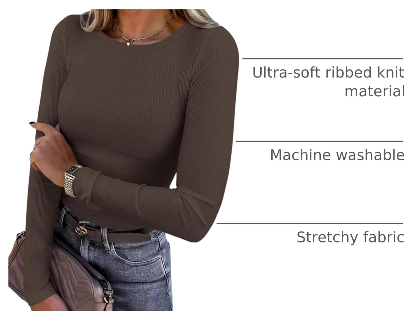 image:imagePRETTYGARDEN Womens Fall Long Sleeve Shirts Basic TeesDark Brown