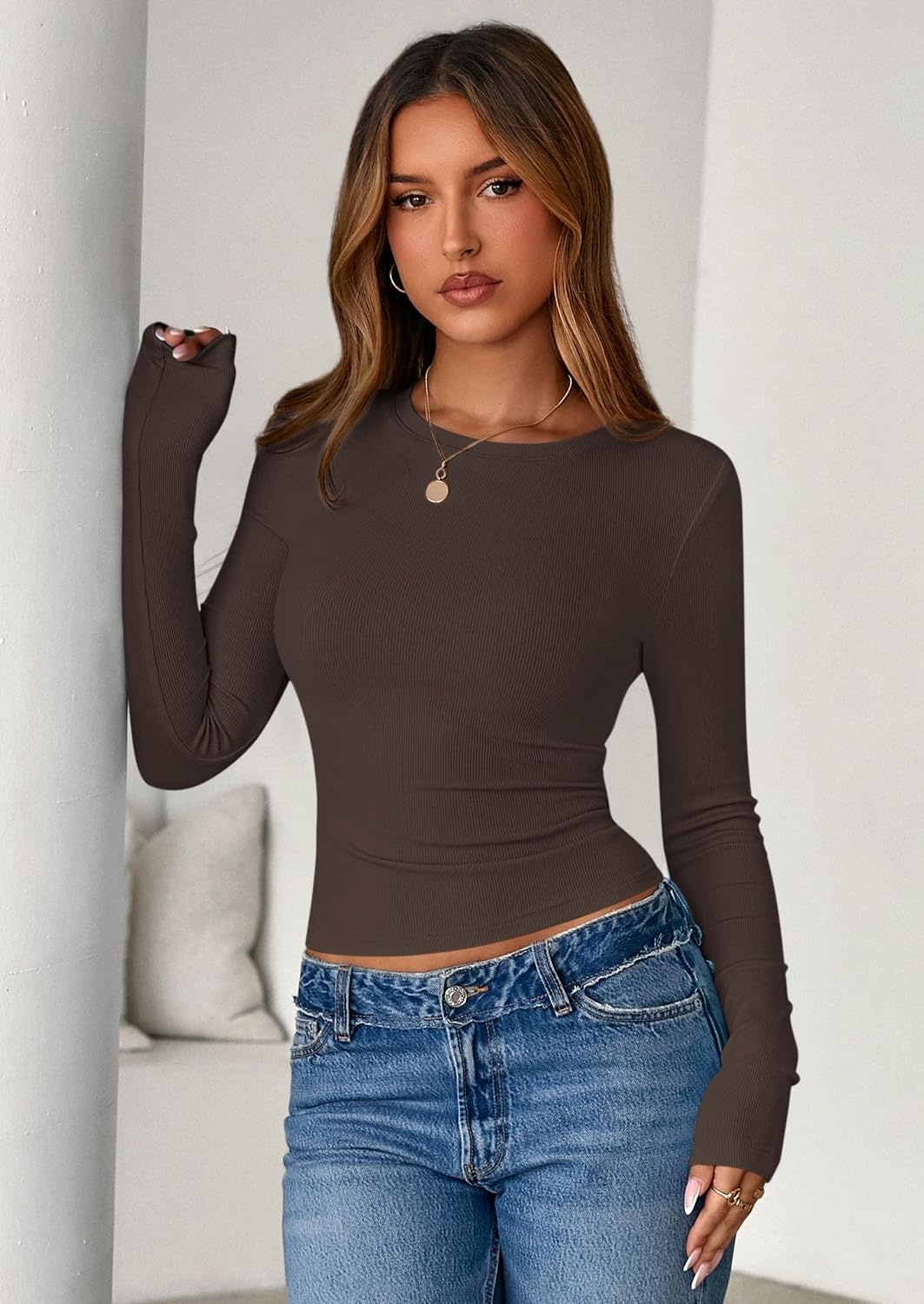 image:imagePRETTYGARDEN Womens Fall Long Sleeve Shirts Basic TeesDark Brown