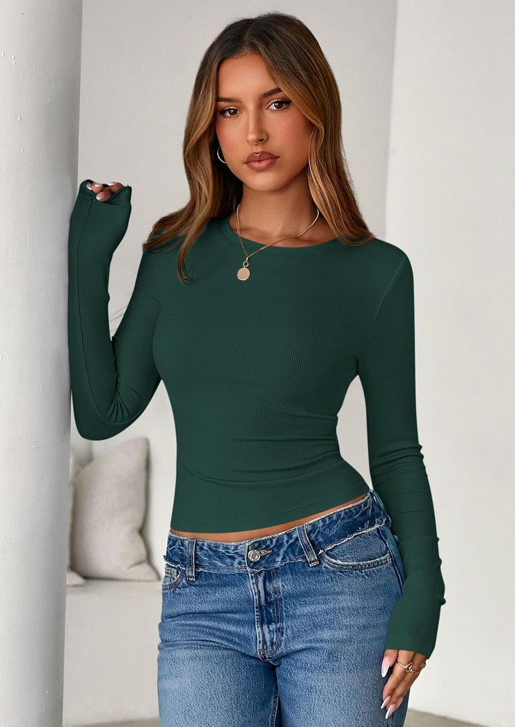 image:imagePRETTYGARDEN Womens Fall Long Sleeve Shirts Basic TeesDark Green