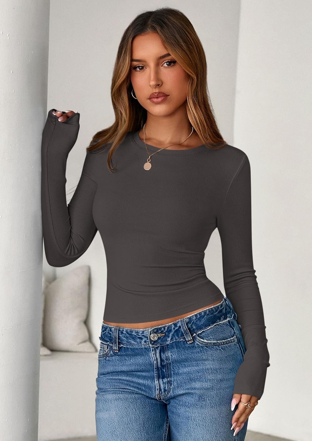 image:imagePRETTYGARDEN Womens Fall Long Sleeve Shirts Basic TeesDark Grey