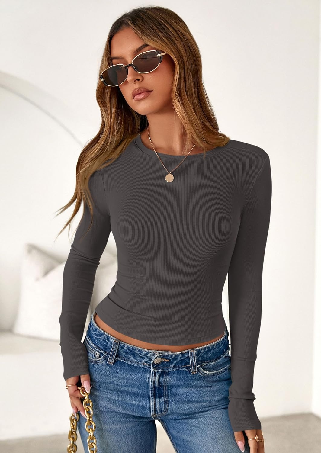 image:imagePRETTYGARDEN Womens Fall Long Sleeve Shirts Basic TeesDark Grey