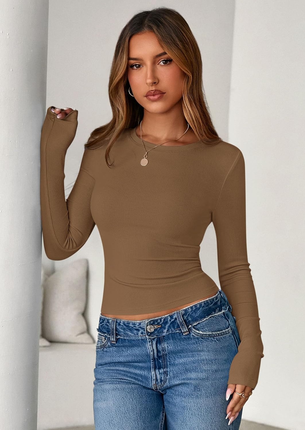image:imagePRETTYGARDEN Womens Fall Long Sleeve Shirts Basic TeesDark Khaki