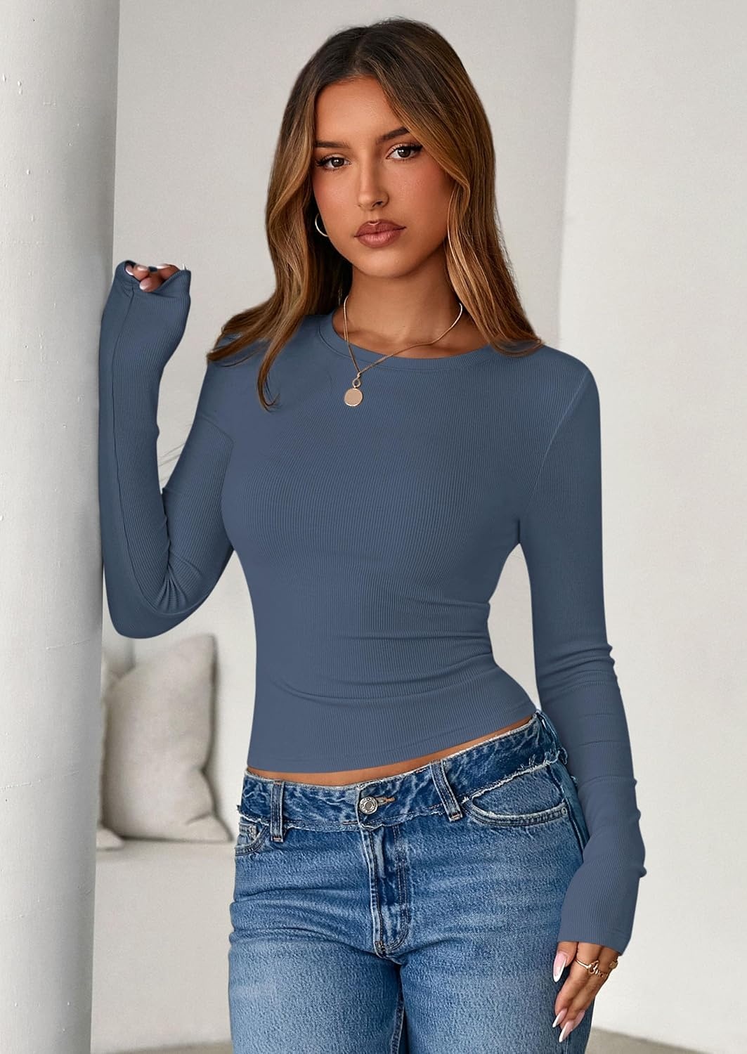 image:imagePRETTYGARDEN Womens Fall Long Sleeve Shirts Basic TeesDusty Blue