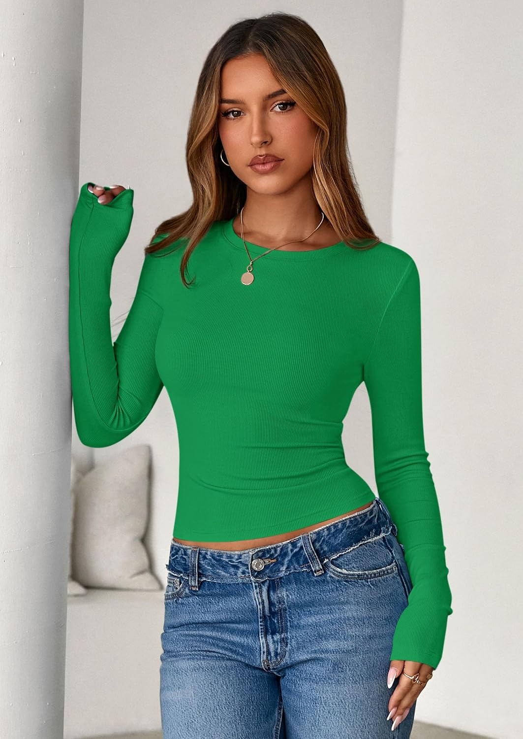 image:imagePRETTYGARDEN Womens Fall Long Sleeve Shirts Basic TeesGreen
