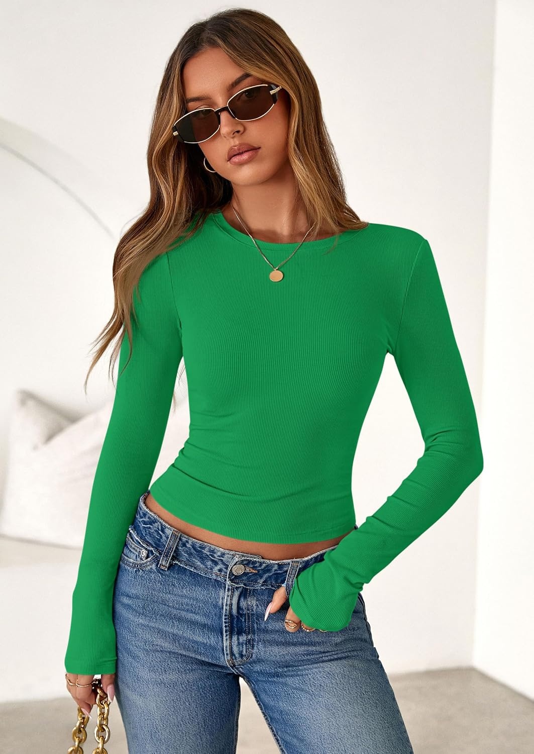 image:imagePRETTYGARDEN Womens Fall Long Sleeve Shirts Basic TeesGreen