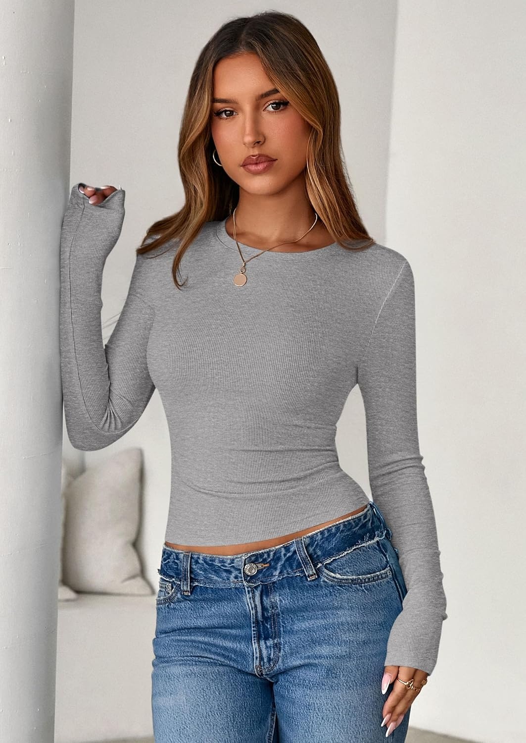 image:imagePRETTYGARDEN Womens Fall Long Sleeve Shirts Basic TeesGrey