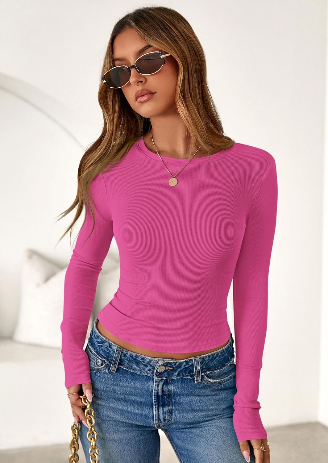 image:imagePRETTYGARDEN Womens Fall Long Sleeve Shirts Basic TeesHot Pink