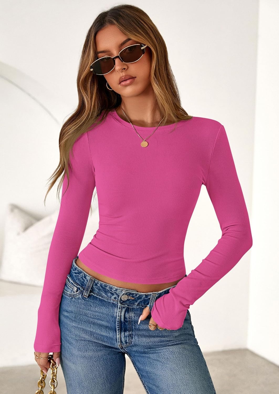 image:imagePRETTYGARDEN Womens Fall Long Sleeve Shirts Basic TeesHot Pink