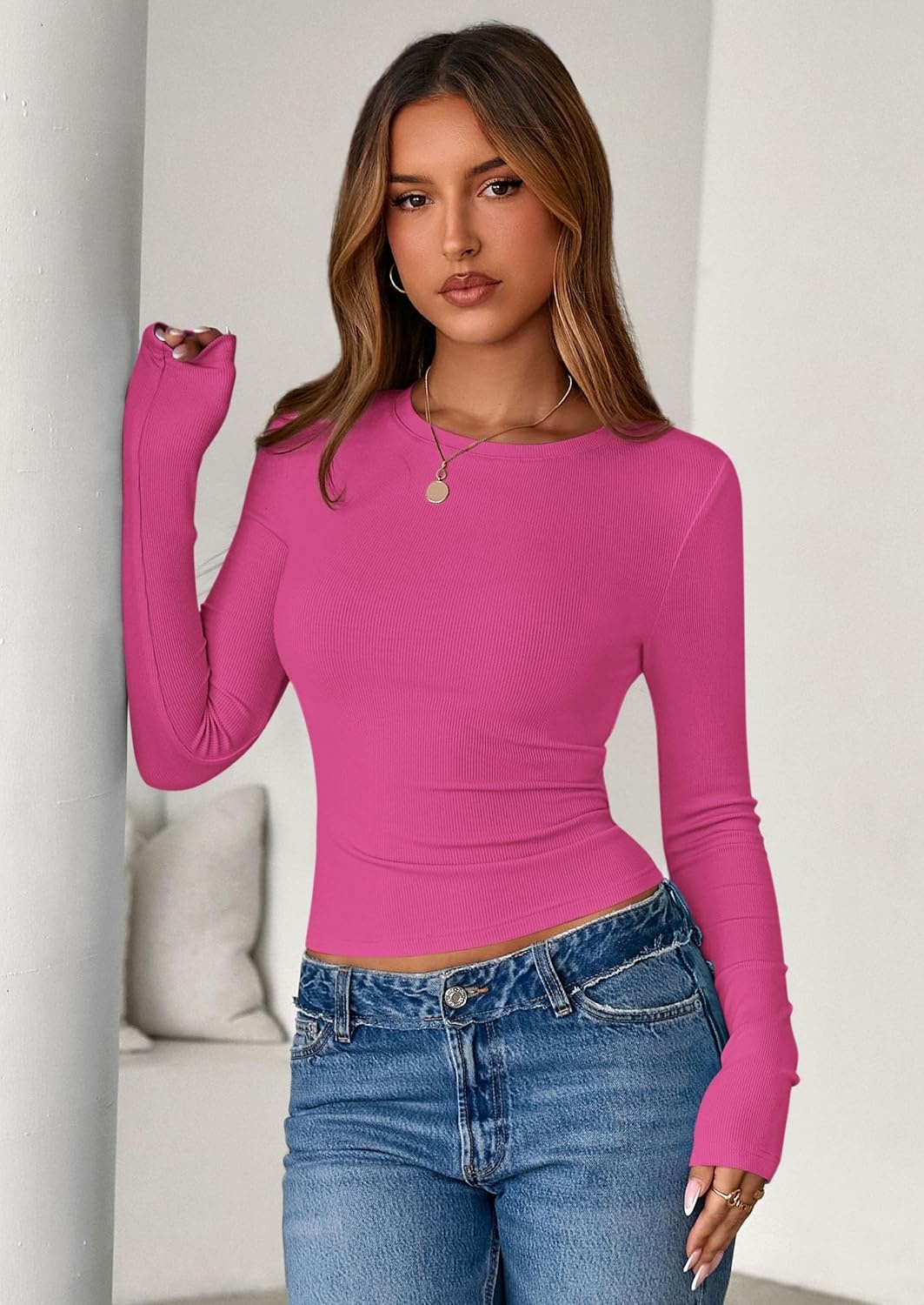 image:imagePRETTYGARDEN Womens Fall Long Sleeve Shirts Basic TeesHot Pink