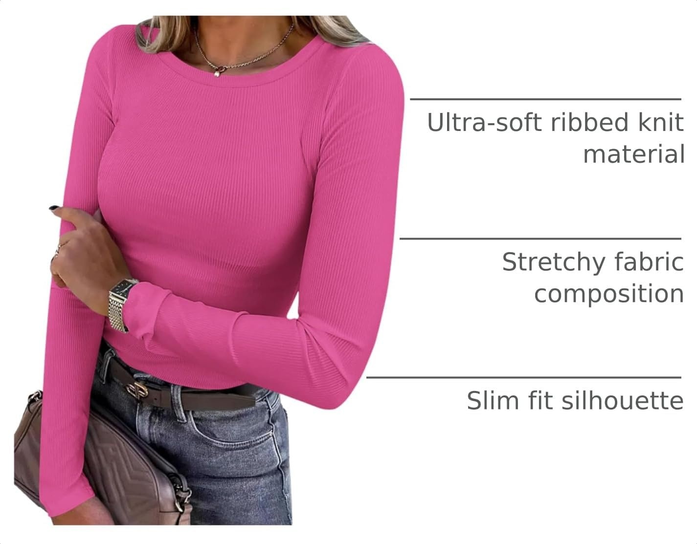 image:imagePRETTYGARDEN Womens Fall Long Sleeve Shirts Basic TeesHot Pink