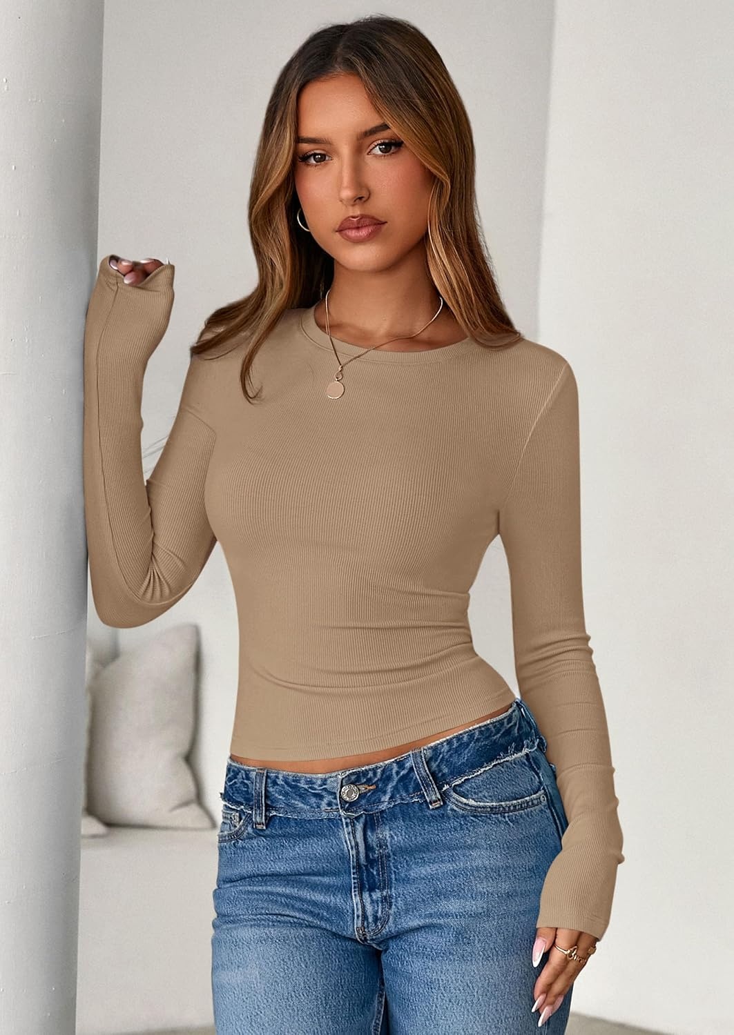 image:imagePRETTYGARDEN Womens Fall Long Sleeve Shirts Basic TeesKhaki