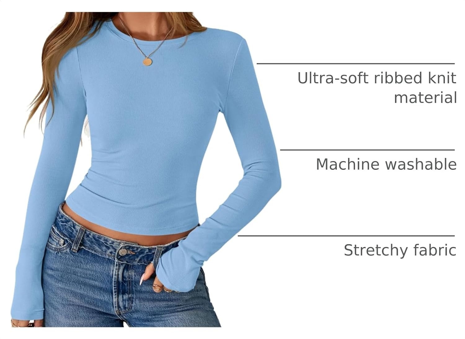 image:imagePRETTYGARDEN Womens Fall Long Sleeve Shirts Basic TeesLight Blue