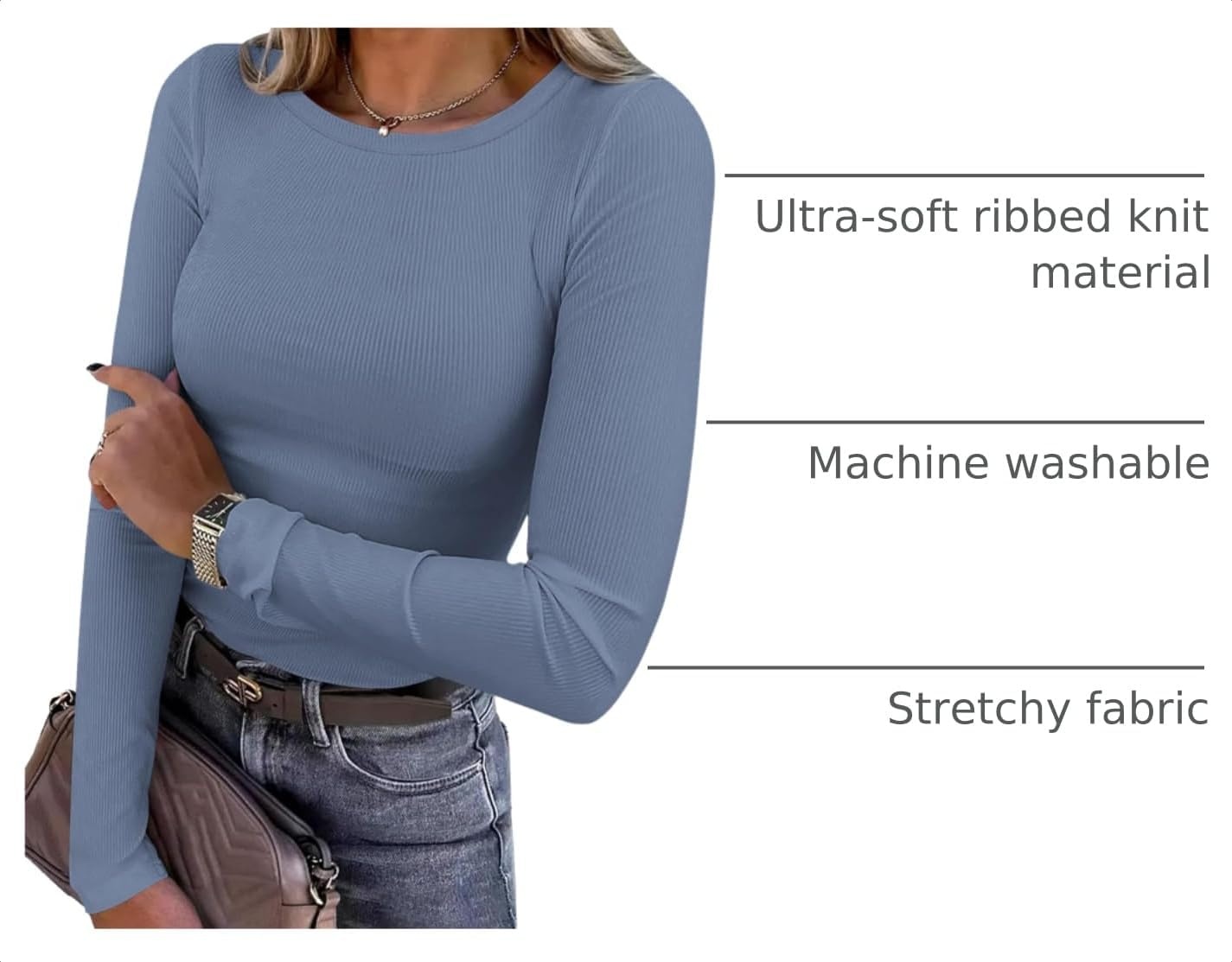 image:imagePRETTYGARDEN Womens Fall Long Sleeve Shirts Basic TeesLight Dusty Blue