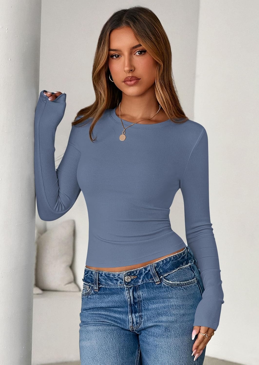image:imagePRETTYGARDEN Womens Fall Long Sleeve Shirts Basic TeesLight Dusty Blue