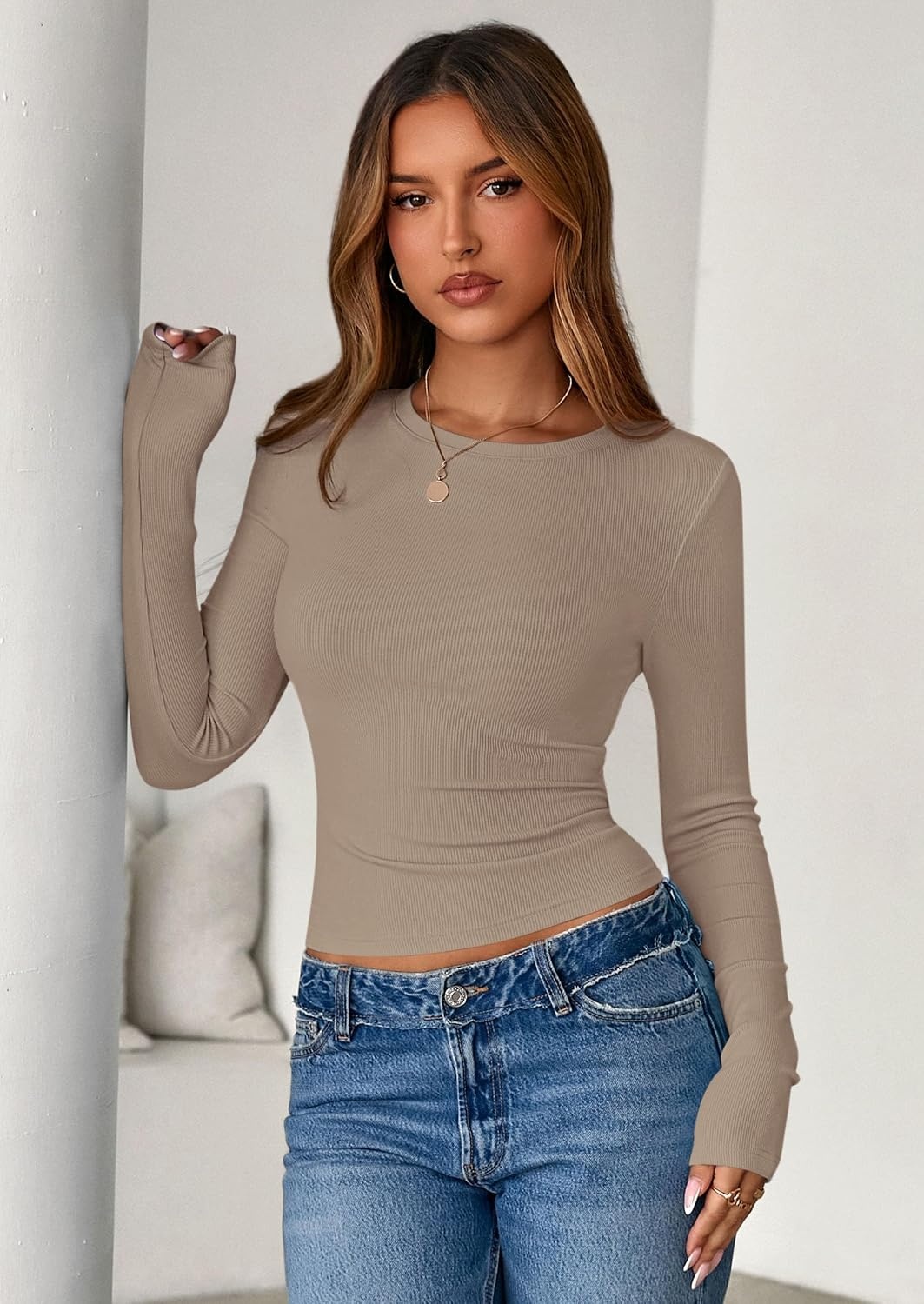image:imagePRETTYGARDEN Womens Fall Long Sleeve Shirts Basic TeesLight Khaki