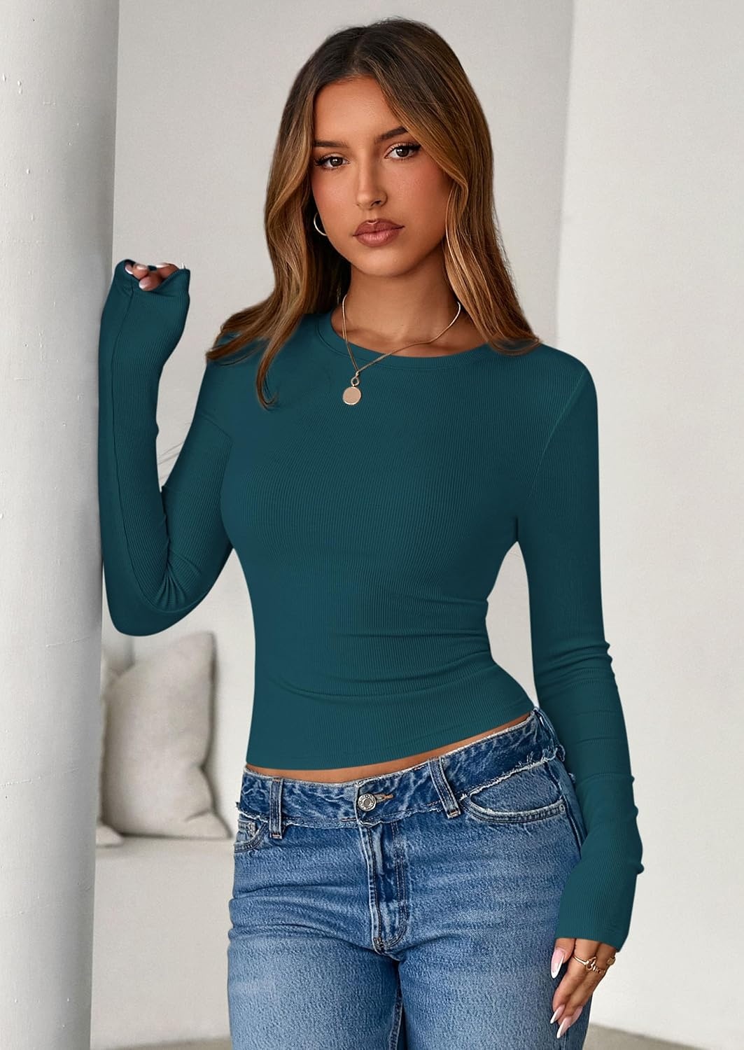 image:imagePRETTYGARDEN Womens Fall Long Sleeve Shirts Basic TeesPeacock Blue