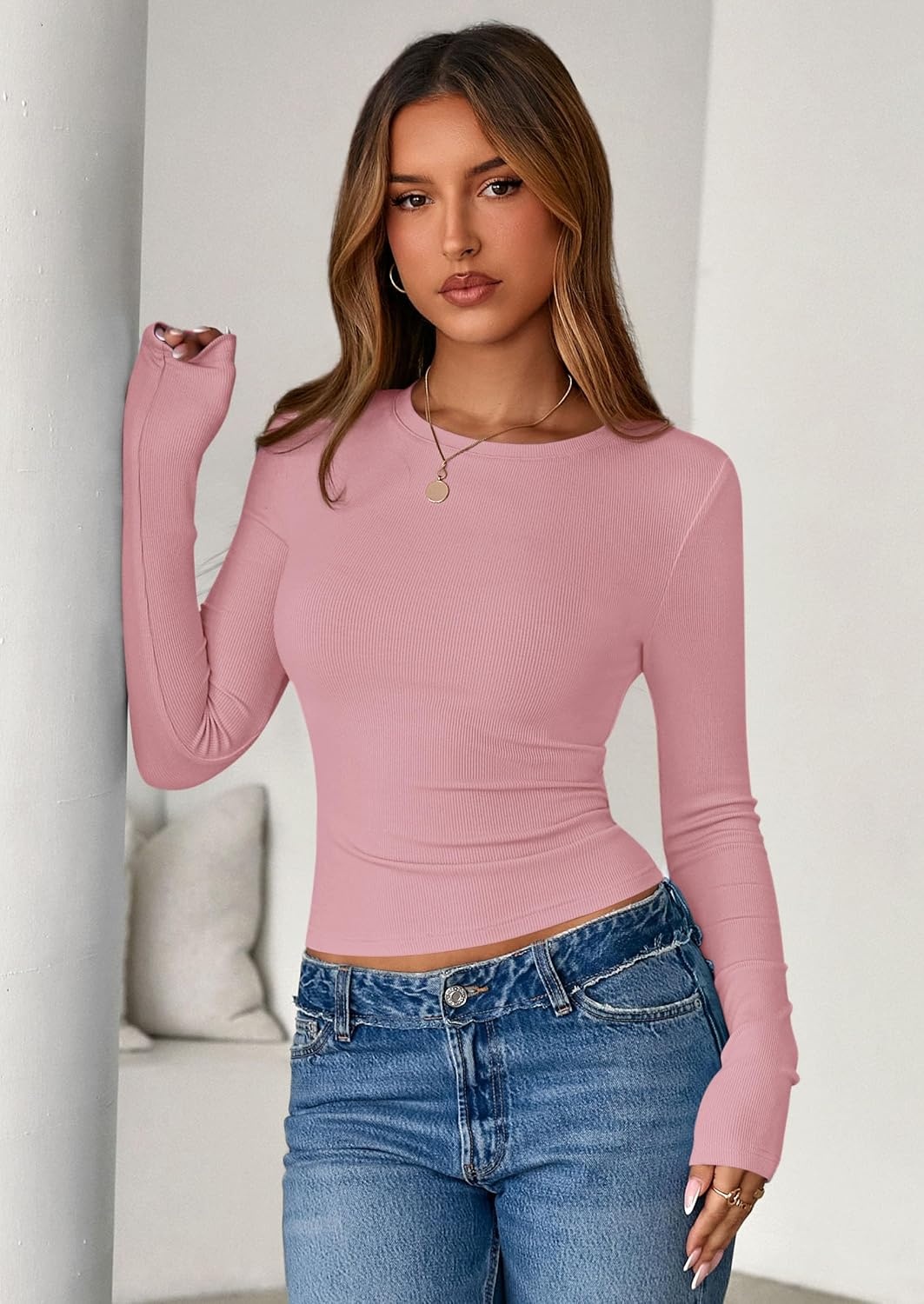 image:imagePRETTYGARDEN Womens Fall Long Sleeve Shirts Basic TeesPink
