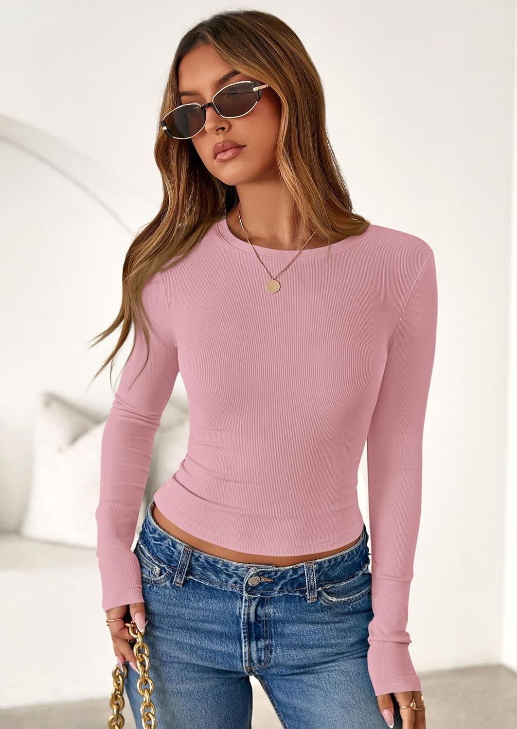 image:imagePRETTYGARDEN Womens Fall Long Sleeve Shirts Basic TeesPink