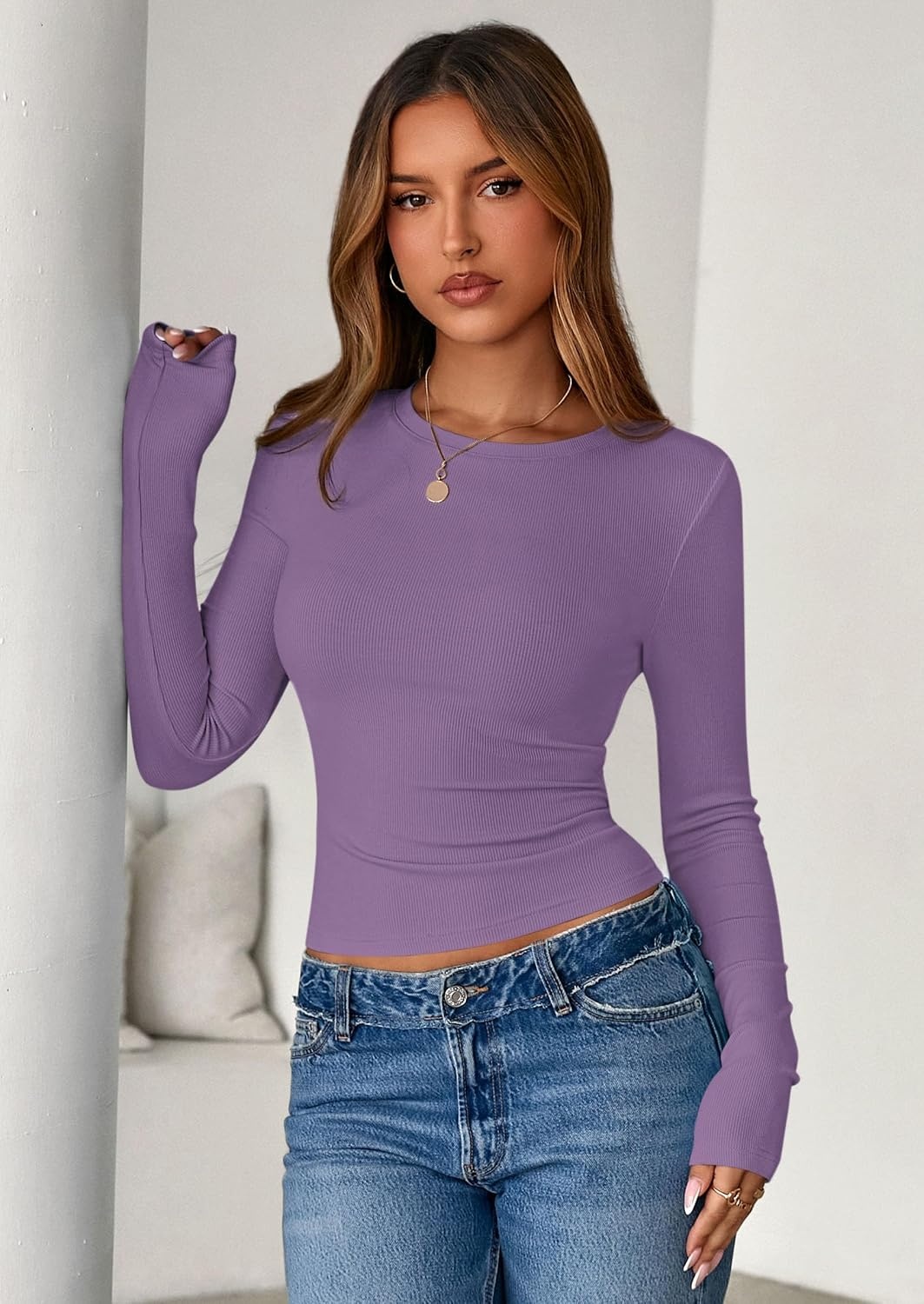image:imagePRETTYGARDEN Womens Fall Long Sleeve Shirts Basic TeesPurple