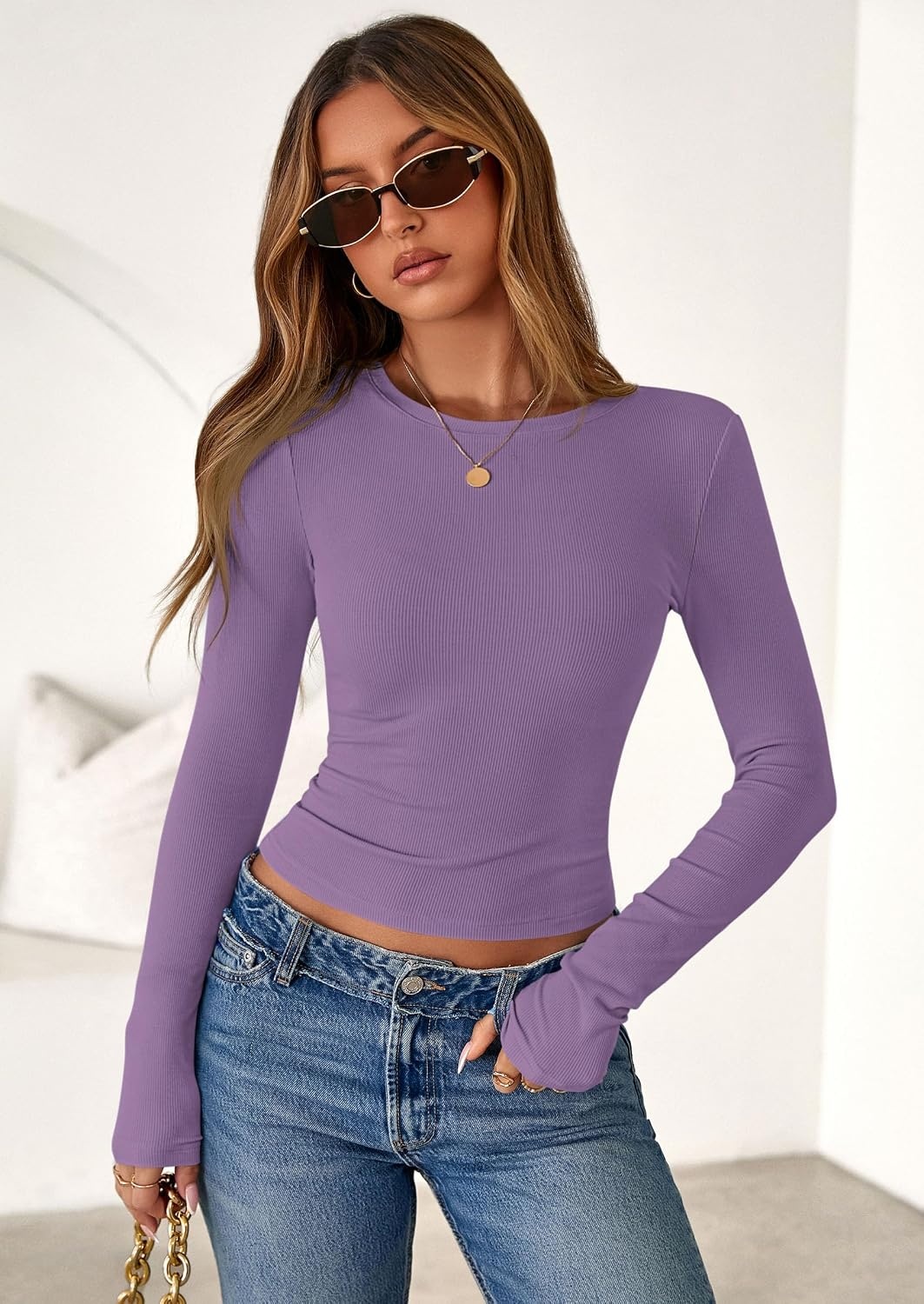 image:imagePRETTYGARDEN Womens Fall Long Sleeve Shirts Basic TeesPurple