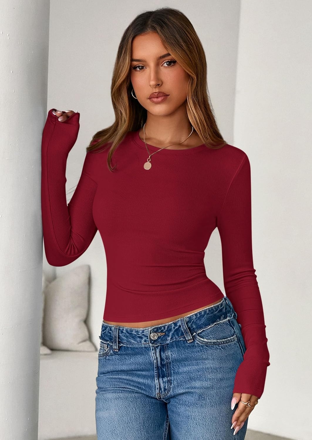 image:imagePRETTYGARDEN Womens Fall Long Sleeve Shirts Basic TeesRed