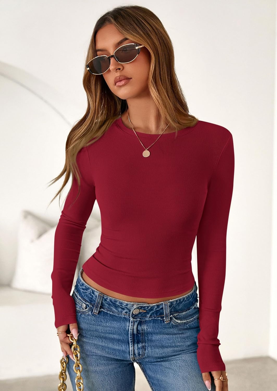 image:imagePRETTYGARDEN Womens Fall Long Sleeve Shirts Basic TeesRed