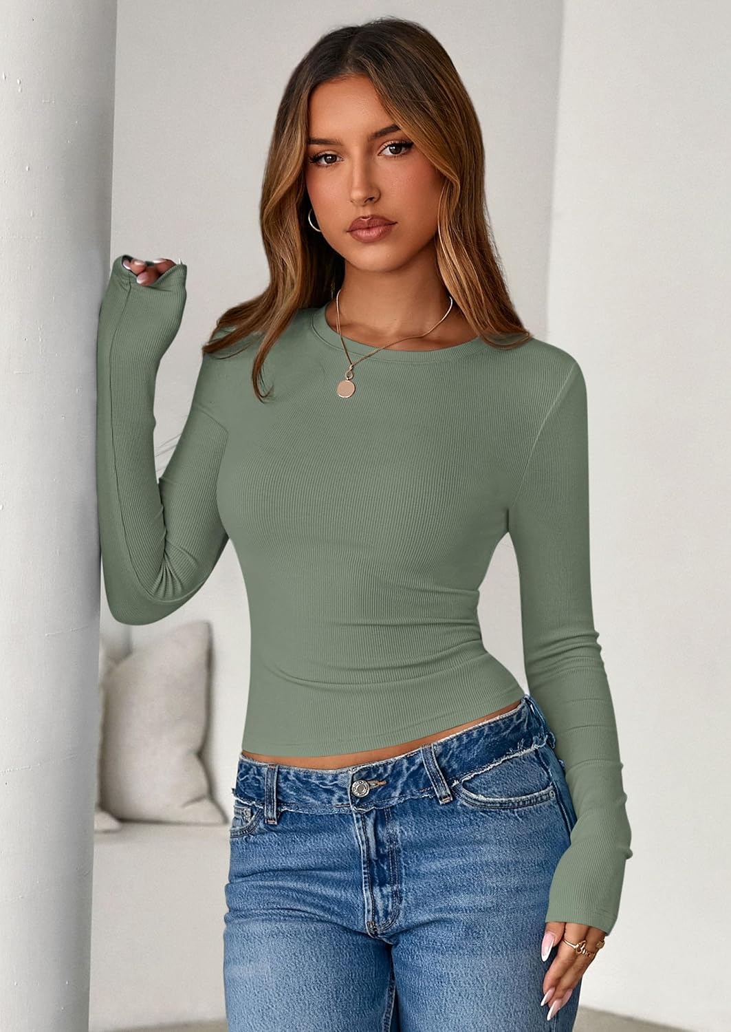 image:imagePRETTYGARDEN Womens Fall Long Sleeve Shirts Basic TeesSage Green