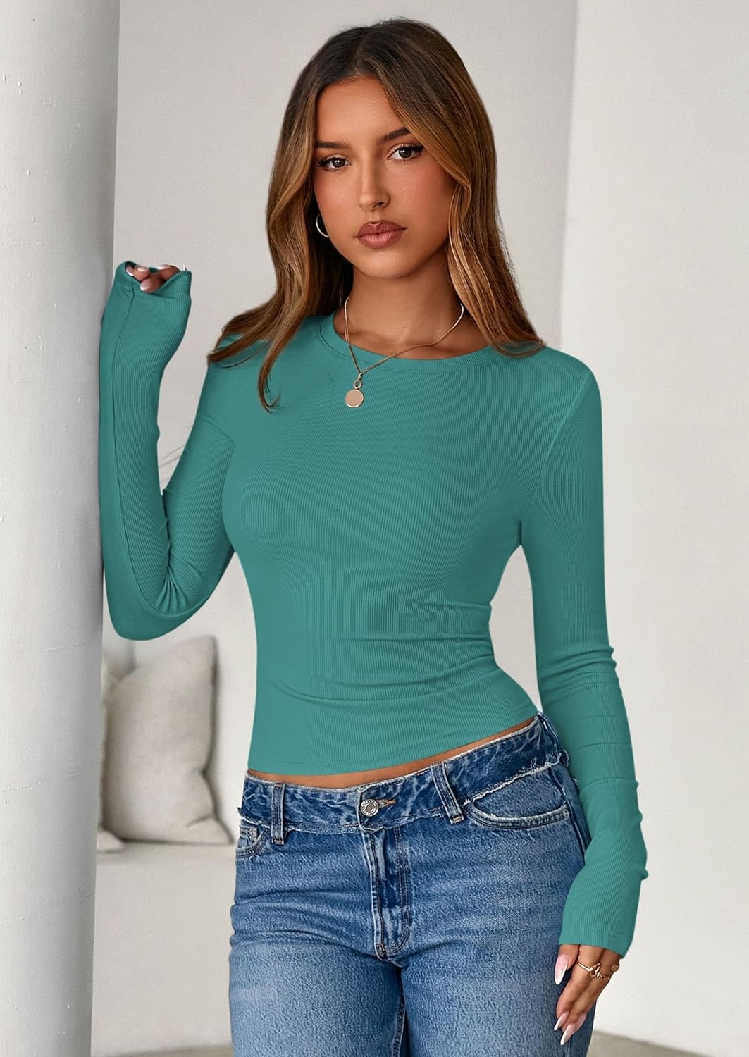 image:imagePRETTYGARDEN Womens Fall Long Sleeve Shirts Basic TeesTeal