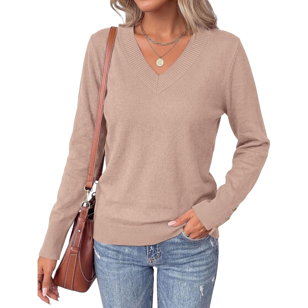 image:imagePRETTYGARDEN Fall Sweaters for Women V Neck Lightweight Pullover TopApricot