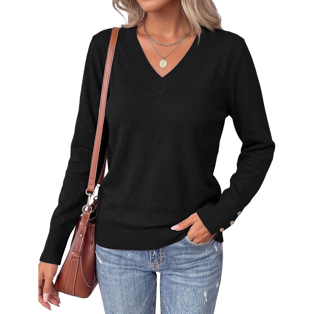 image:imagePRETTYGARDEN Fall Sweaters for Women V Neck Lightweight Pullover TopBlack