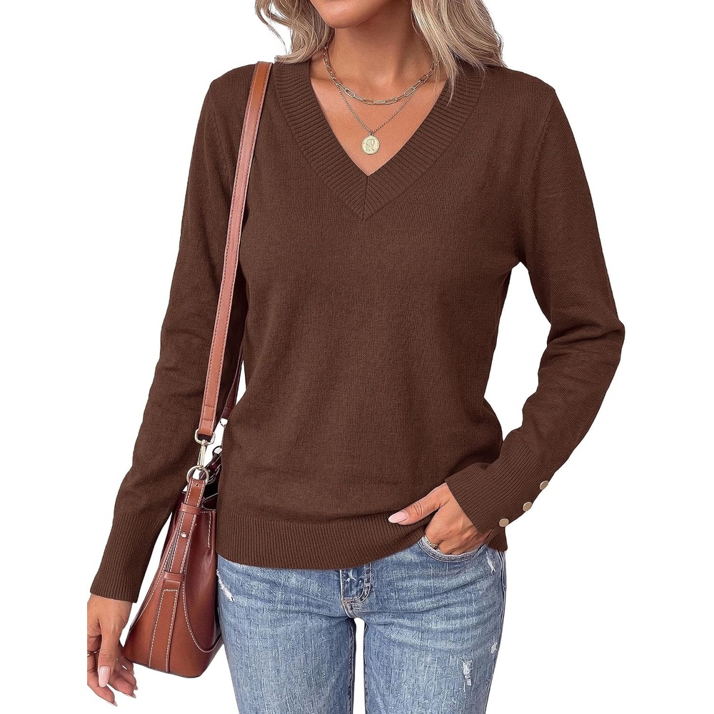 image:imagePRETTYGARDEN Fall Sweaters for Women V Neck Lightweight Pullover TopCoffee