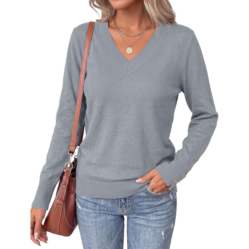 image:imagePRETTYGARDEN Fall Sweaters for Women V Neck Lightweight Pullover TopGrey Blue
