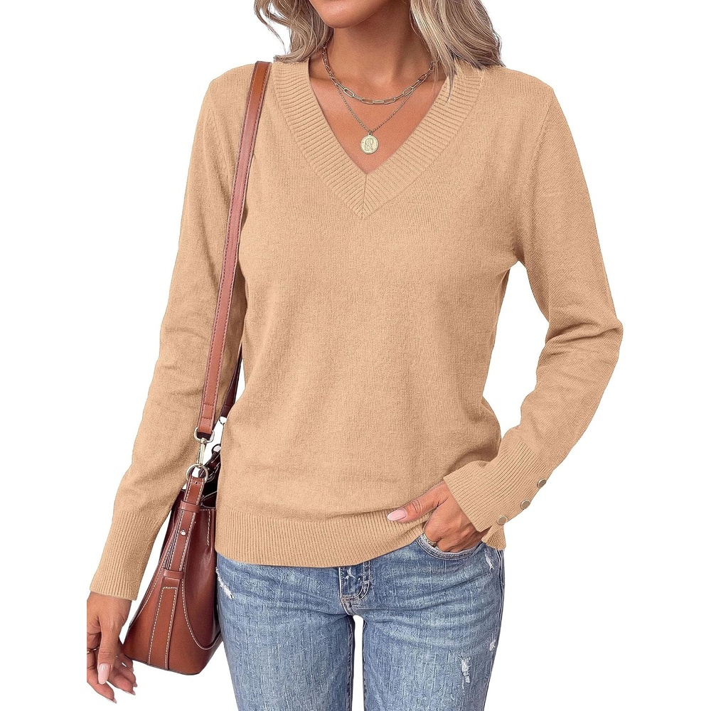 image:imagePRETTYGARDEN Fall Sweaters for Women V Neck Lightweight Pullover TopKhaki