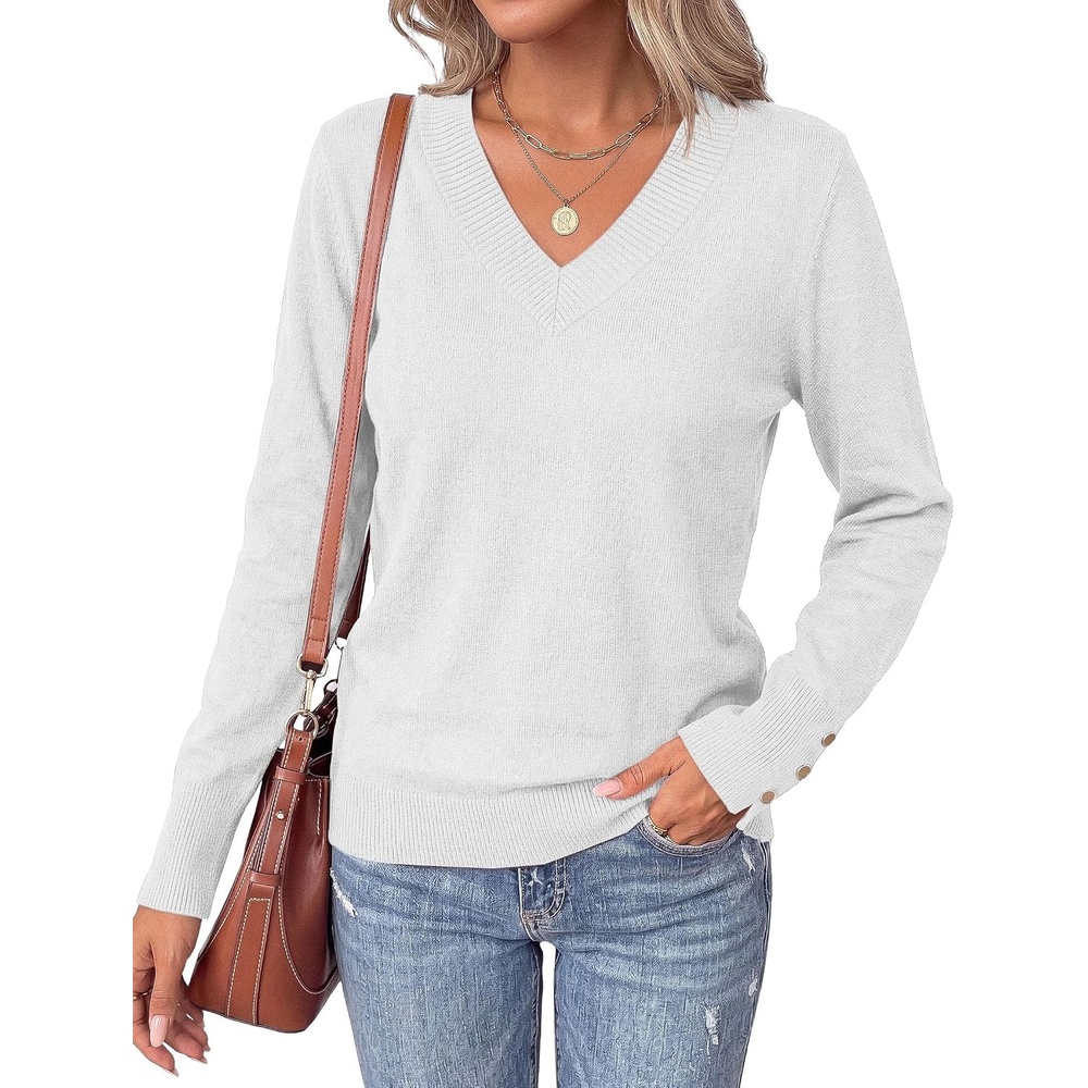image:imagePRETTYGARDEN Fall Sweaters for Women V Neck Lightweight Pullover TopWhite