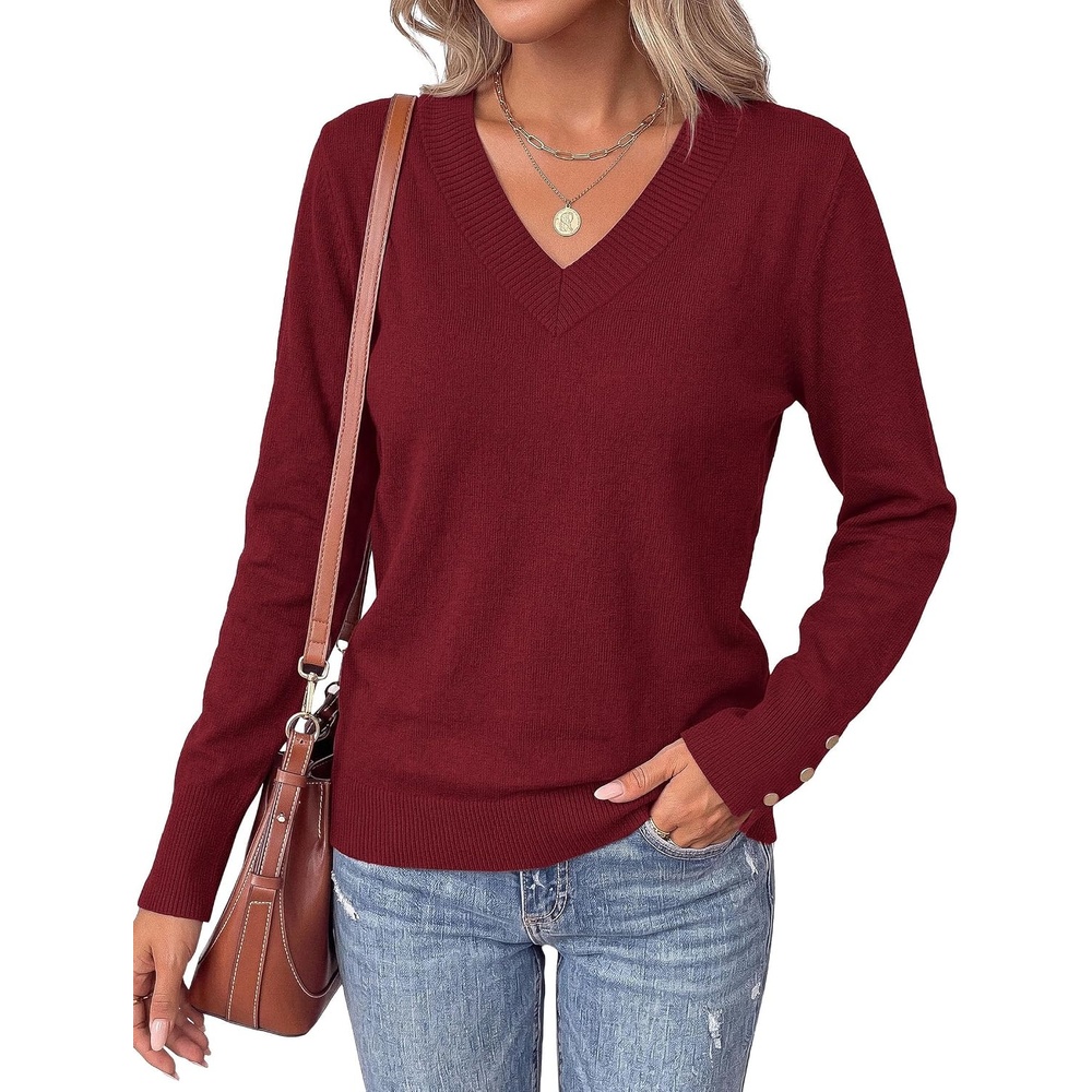 image:imagePRETTYGARDEN Fall Sweaters for Women V Neck Lightweight Pullover TopWine Red