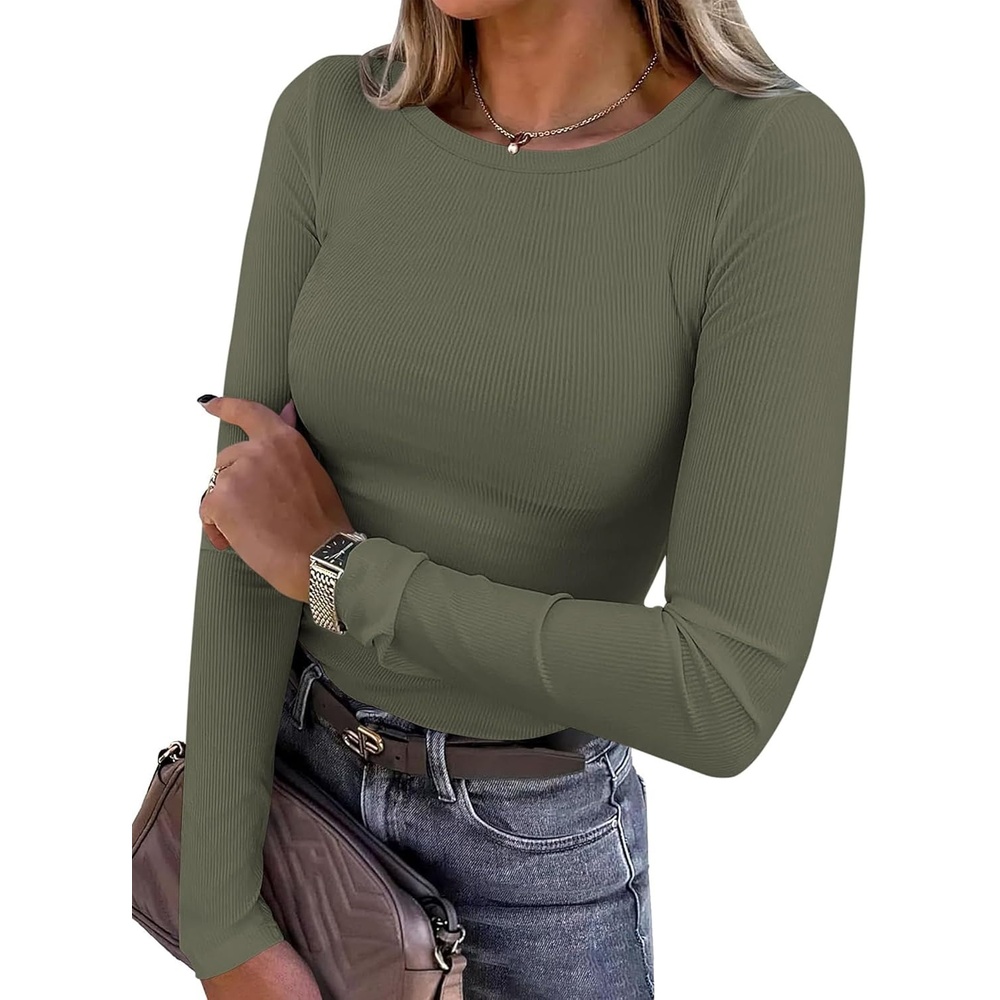 image:imagePRETTYGARDEN Womens Fall Long Sleeve Shirts Basic TeesArmy Green