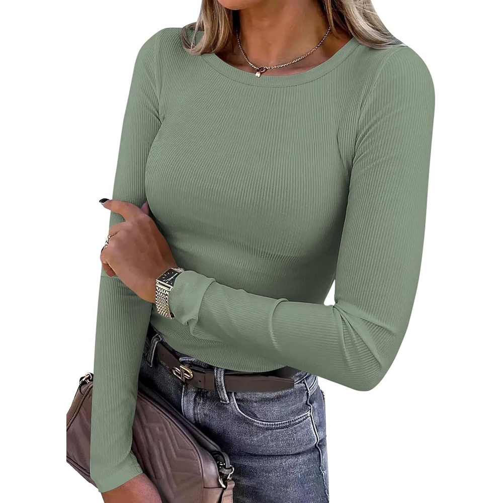 image:imagePRETTYGARDEN Womens Fall Long Sleeve Shirts Basic TeesSage Green