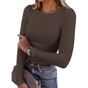 PRETTYGARDEN Women’s Fall Long Sleeve Shirts Basic Tees(Dark Brown)