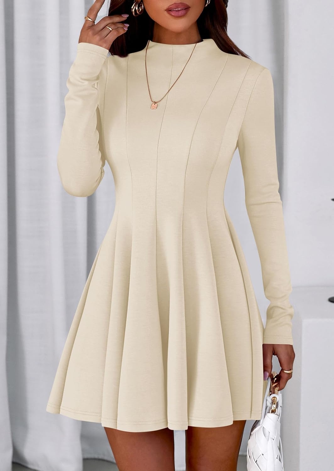 image:imagePRETTYGARDEN Fall Dresses for Women Long Sleeve Flowy Mini Homecoming DressBeige