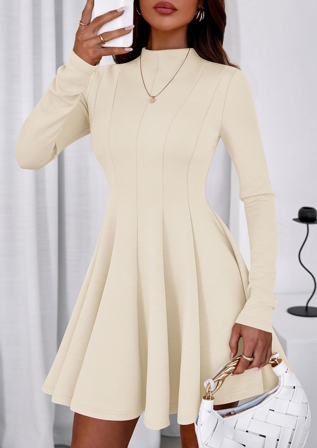 image:imagePRETTYGARDEN Fall Dresses for Women Long Sleeve Flowy Mini Homecoming DressBeige