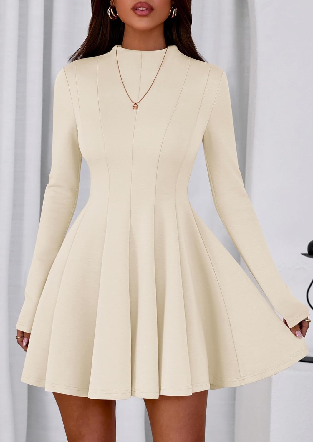 image:imagePRETTYGARDEN Fall Dresses for Women Long Sleeve Flowy Mini Homecoming DressBeige