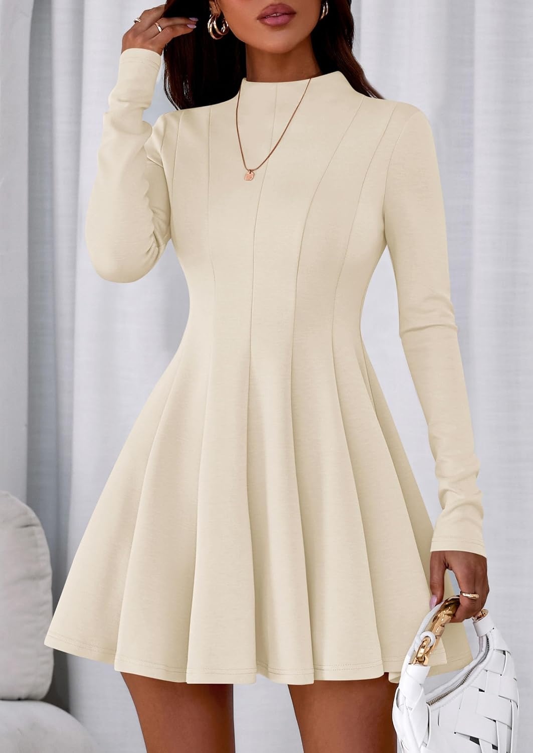 image:imagePRETTYGARDEN Fall Dresses for Women Long Sleeve Flowy Mini Homecoming DressBeige