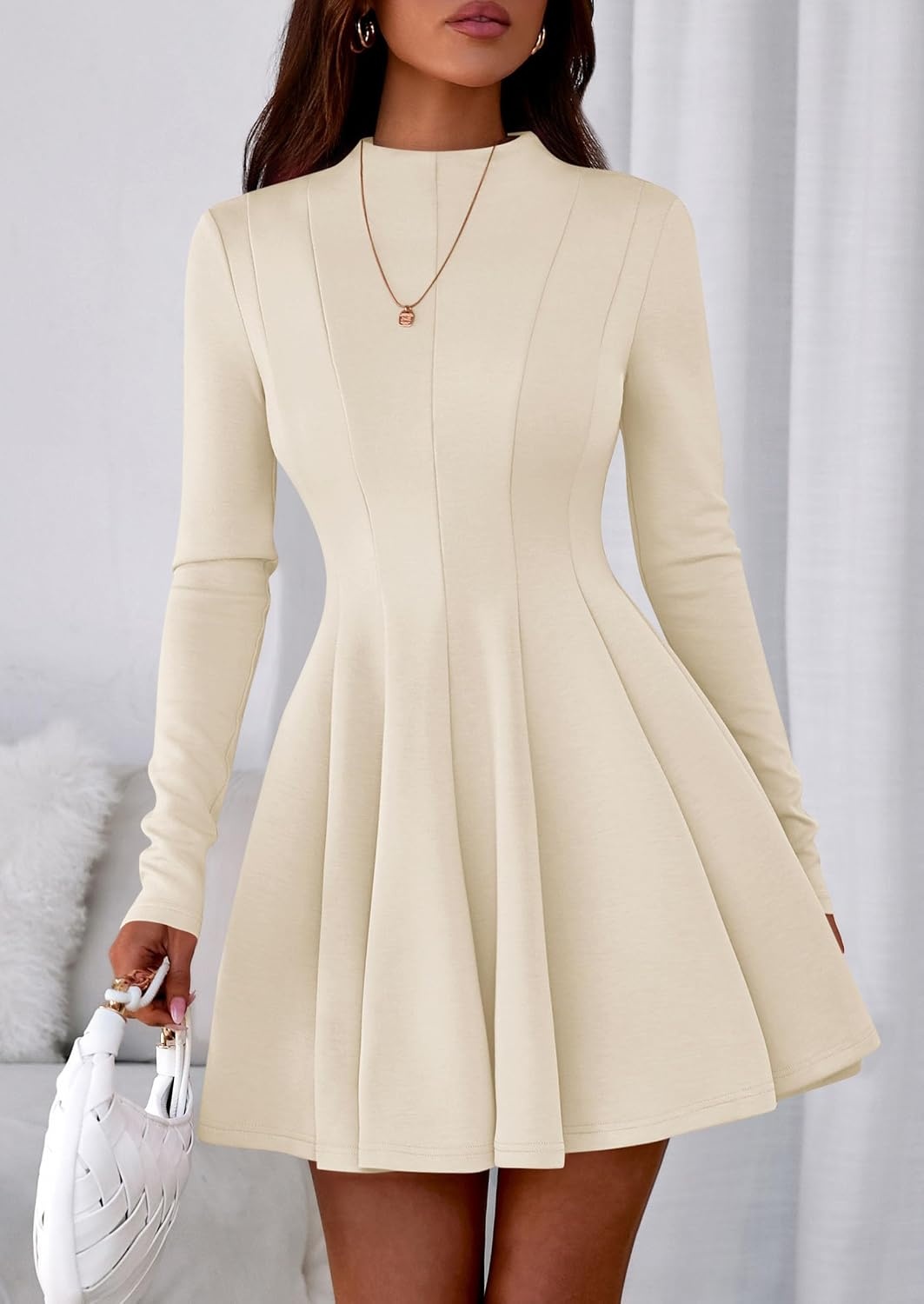 image:imagePRETTYGARDEN Fall Dresses for Women Long Sleeve Flowy Mini Homecoming DressBeige