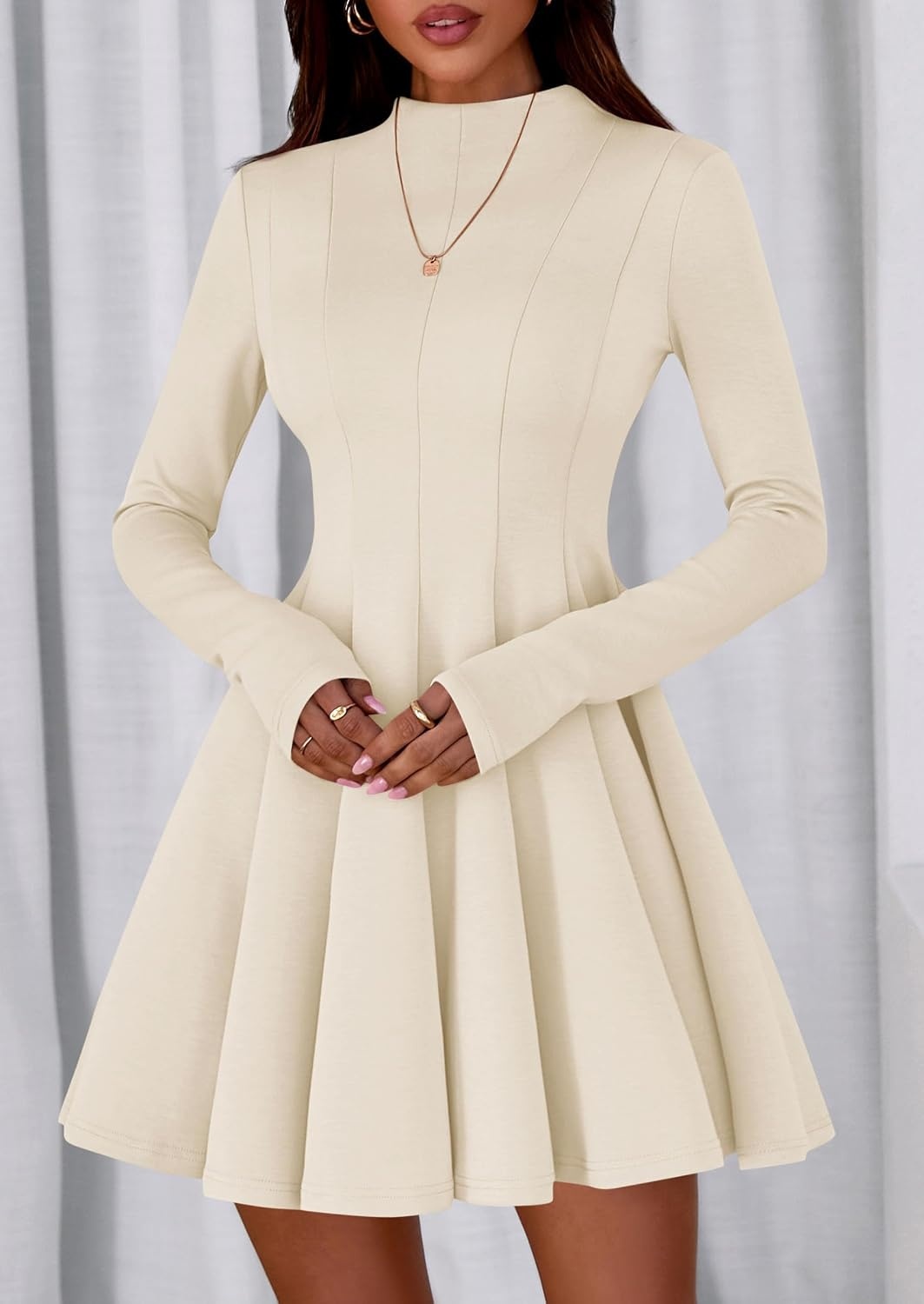 image:imagePRETTYGARDEN Fall Dresses for Women Long Sleeve Flowy Mini Homecoming DressBeige