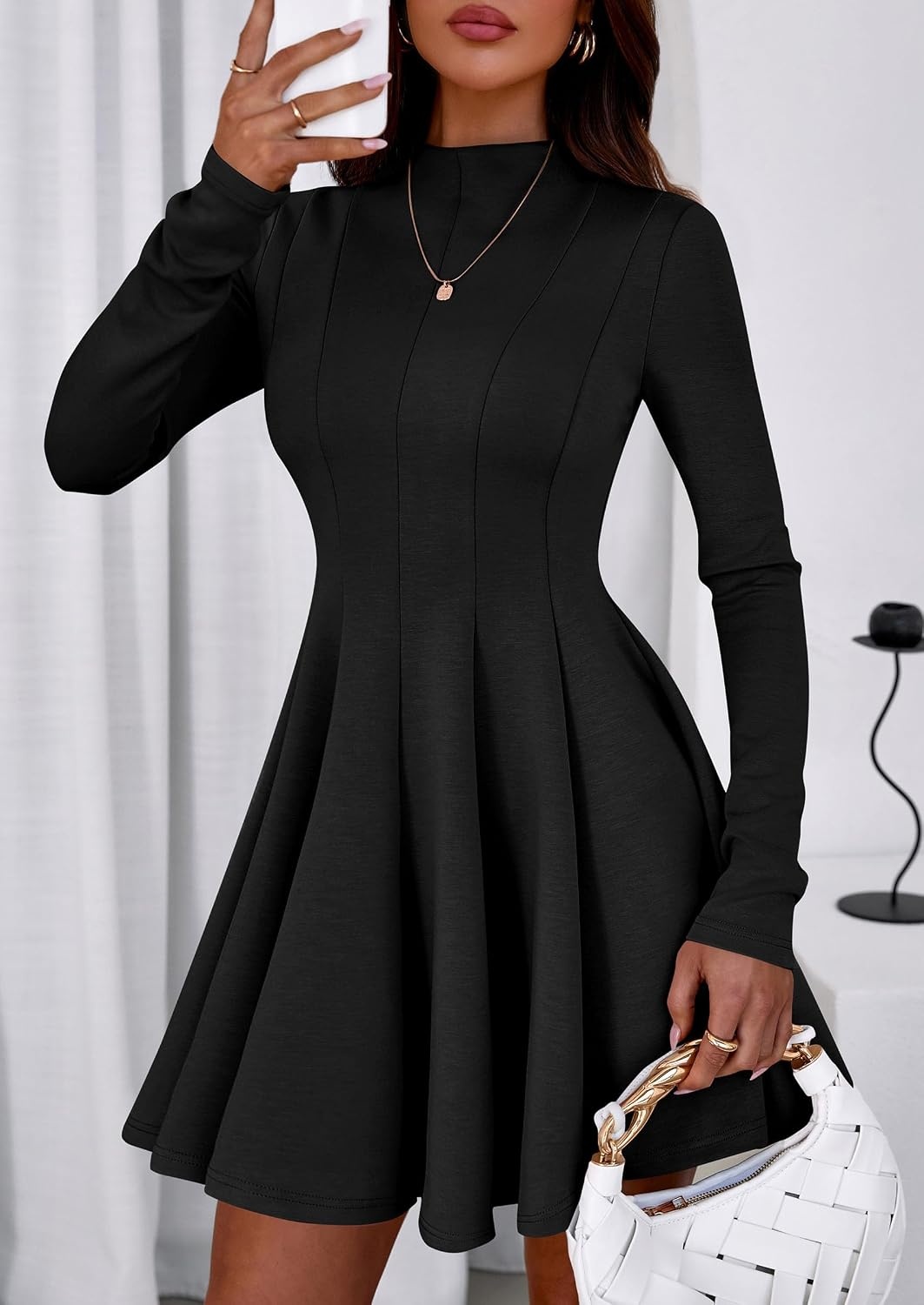 image:imagePRETTYGARDEN Fall Dresses for Women Long Sleeve Flowy Mini Homecoming DressBlack