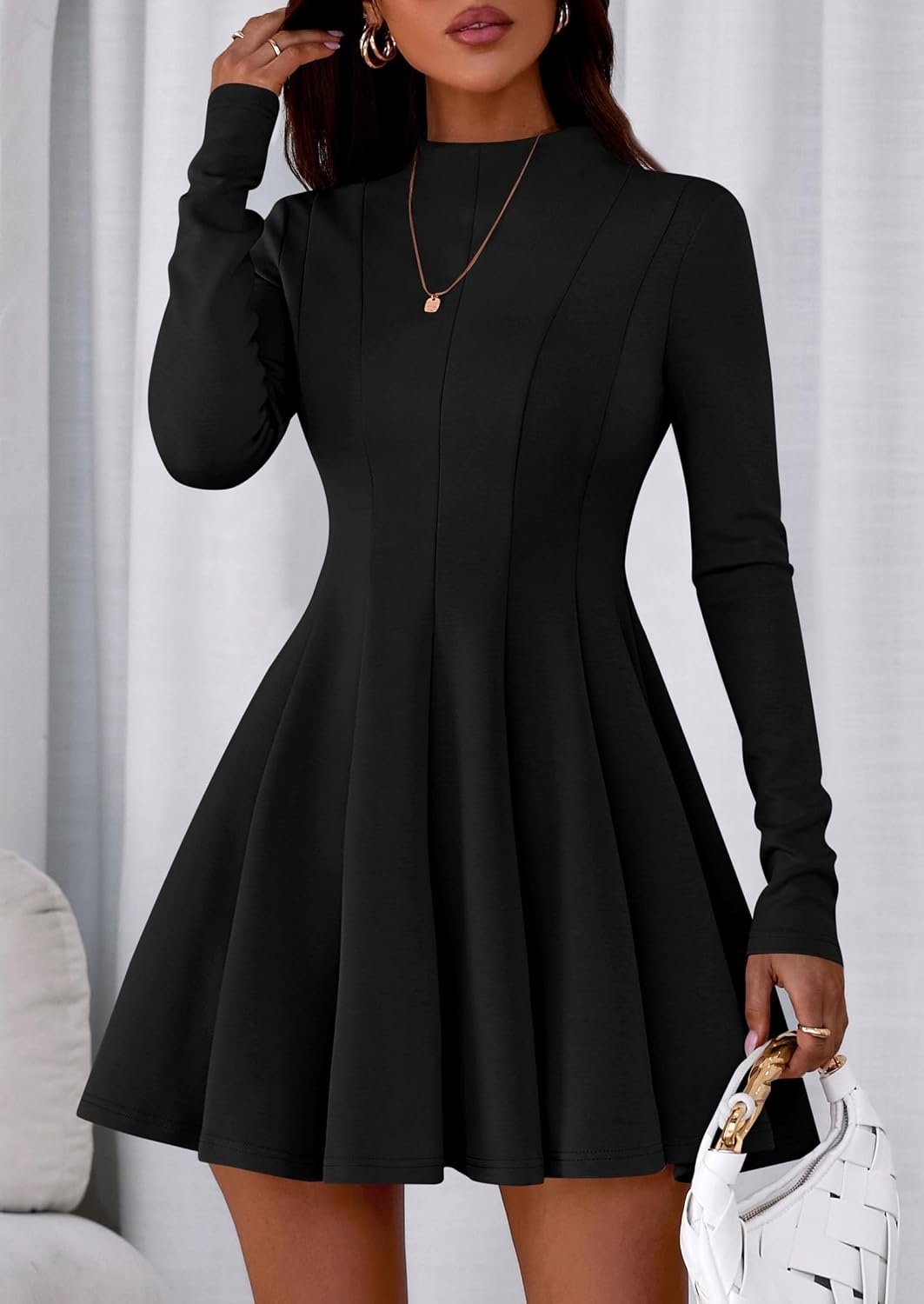 image:imagePRETTYGARDEN Fall Dresses for Women Long Sleeve Flowy Mini Homecoming DressBlack