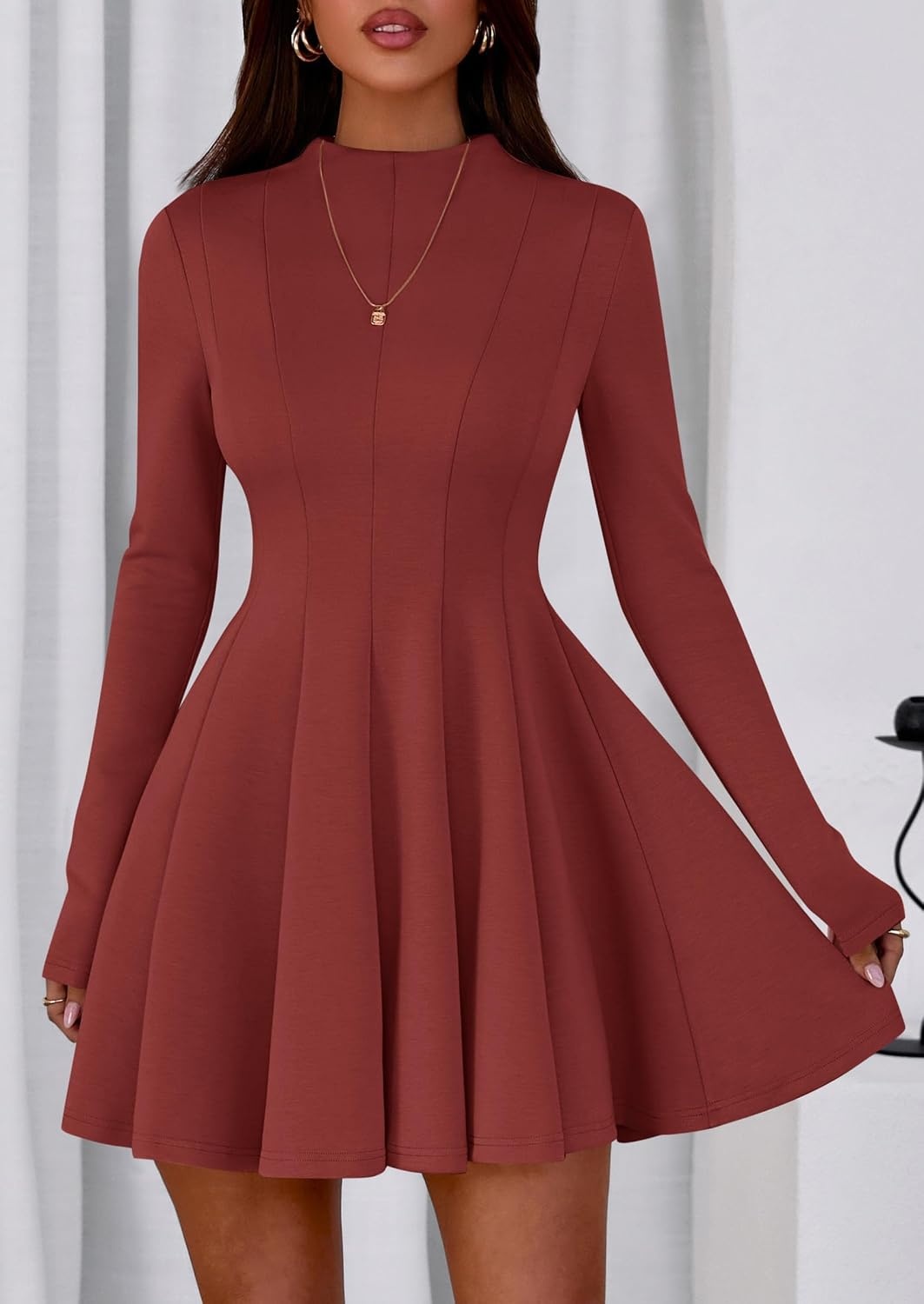 image:imagePRETTYGARDEN Fall Dresses for Women Long Sleeve Flowy Mini Homecoming DressBrick Red
