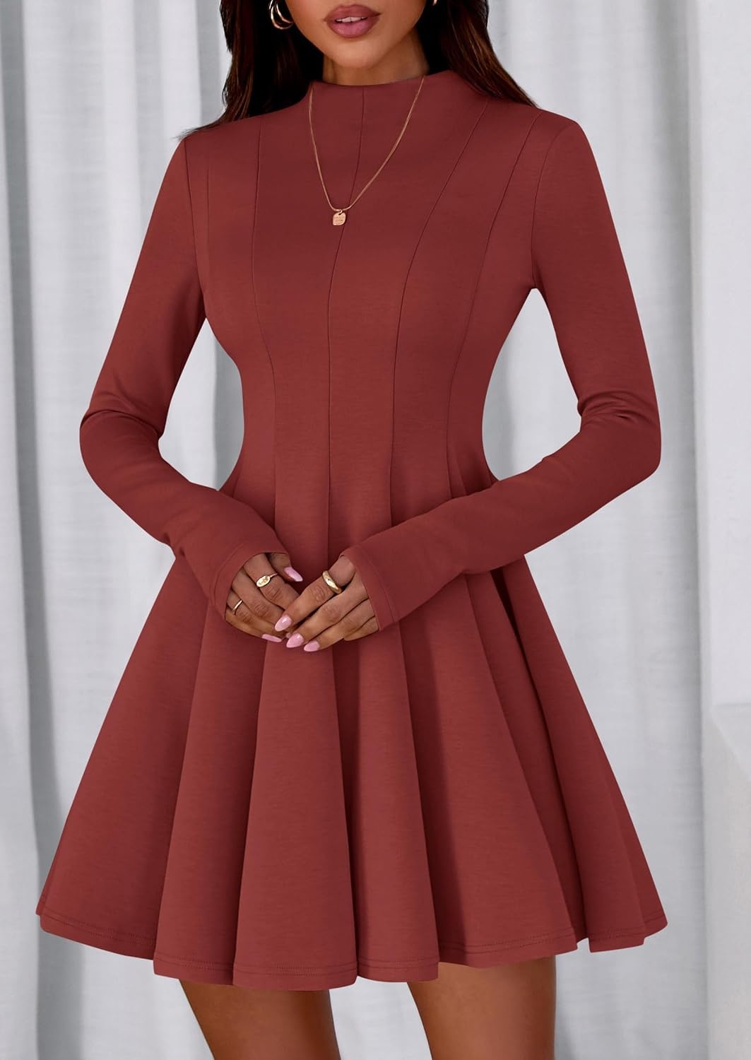 image:imagePRETTYGARDEN Fall Dresses for Women Long Sleeve Flowy Mini Homecoming DressBrick Red