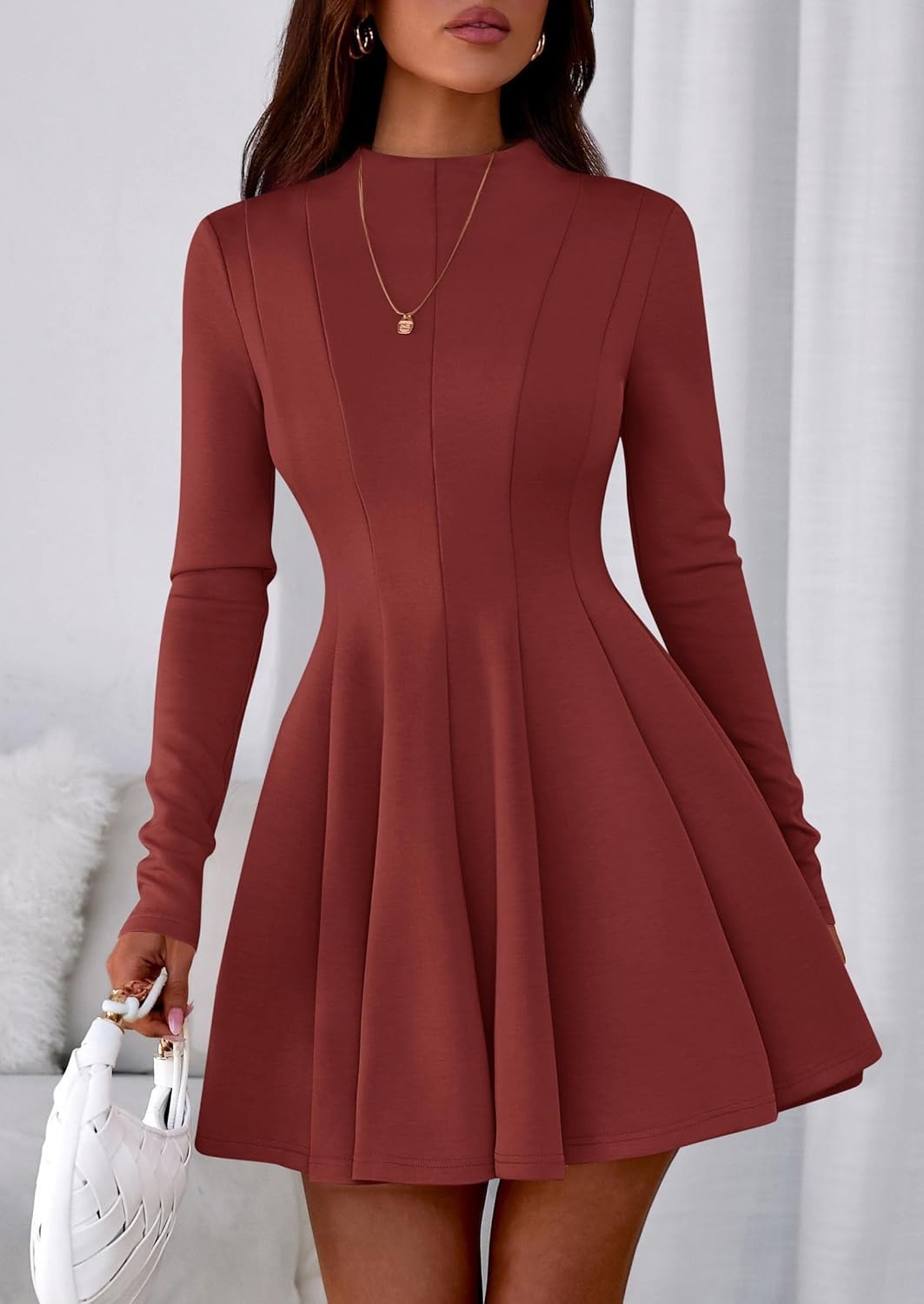 image:imagePRETTYGARDEN Fall Dresses for Women Long Sleeve Flowy Mini Homecoming DressBrick Red