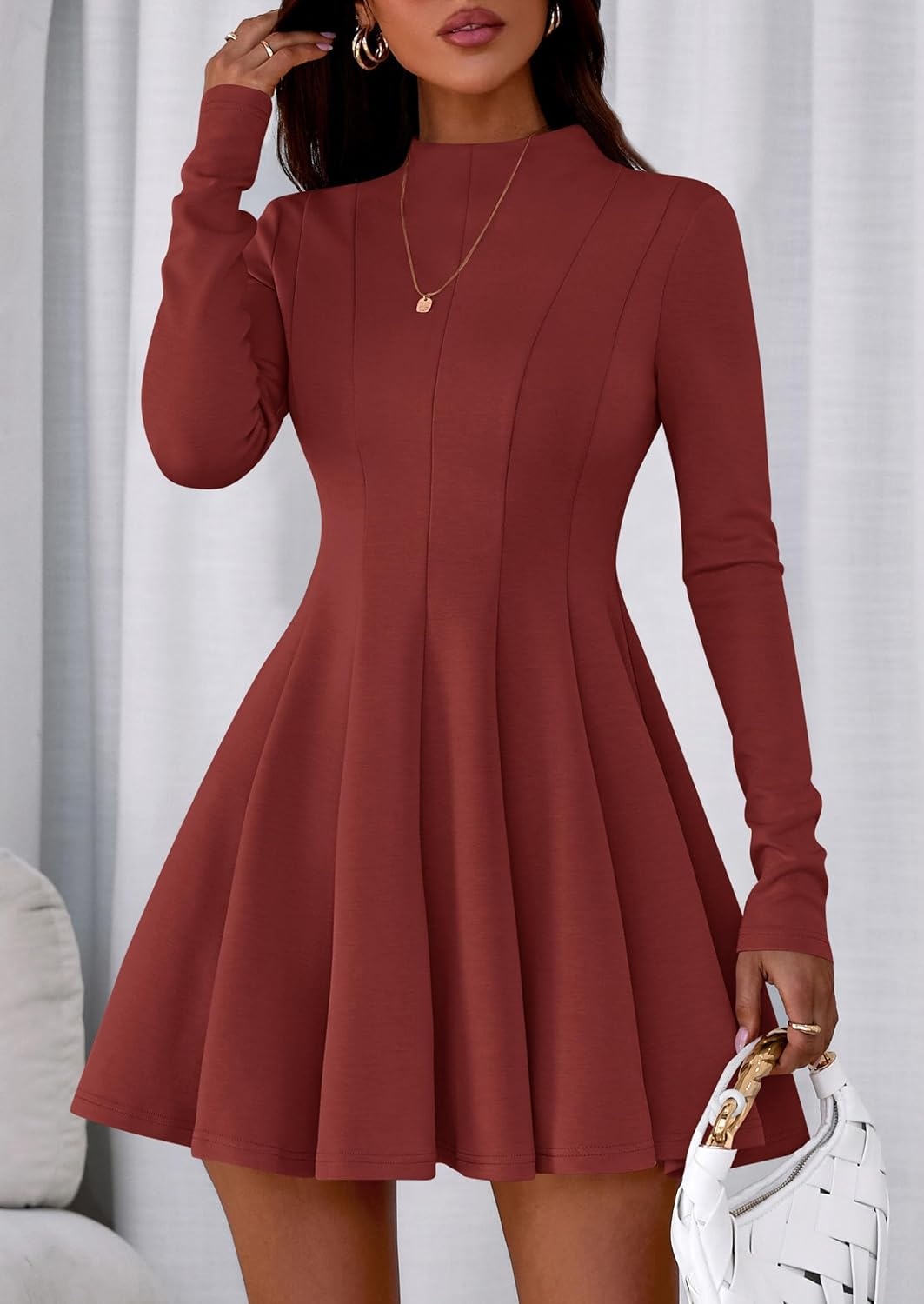 image:imagePRETTYGARDEN Fall Dresses for Women Long Sleeve Flowy Mini Homecoming DressBrick Red